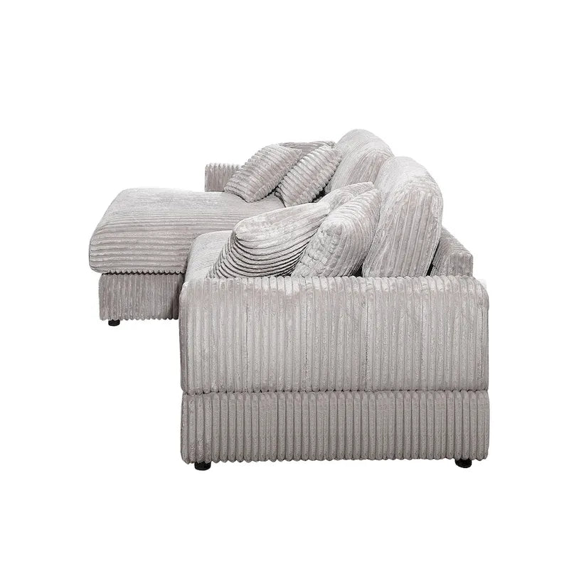 Canapé d'angle convertible en velours côtelé bleu marine antique/gris clair, 4-5 places, 6 coussins