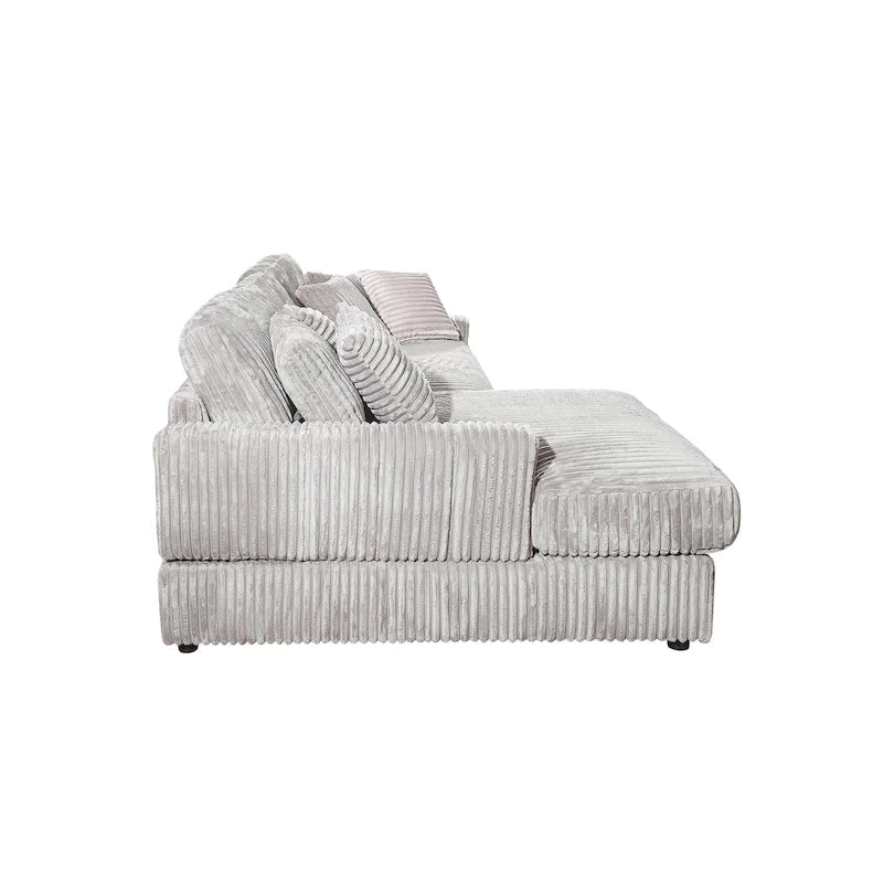 Canapé d'angle convertible en velours côtelé bleu marine antique/gris clair, 4-5 places, 6 coussins