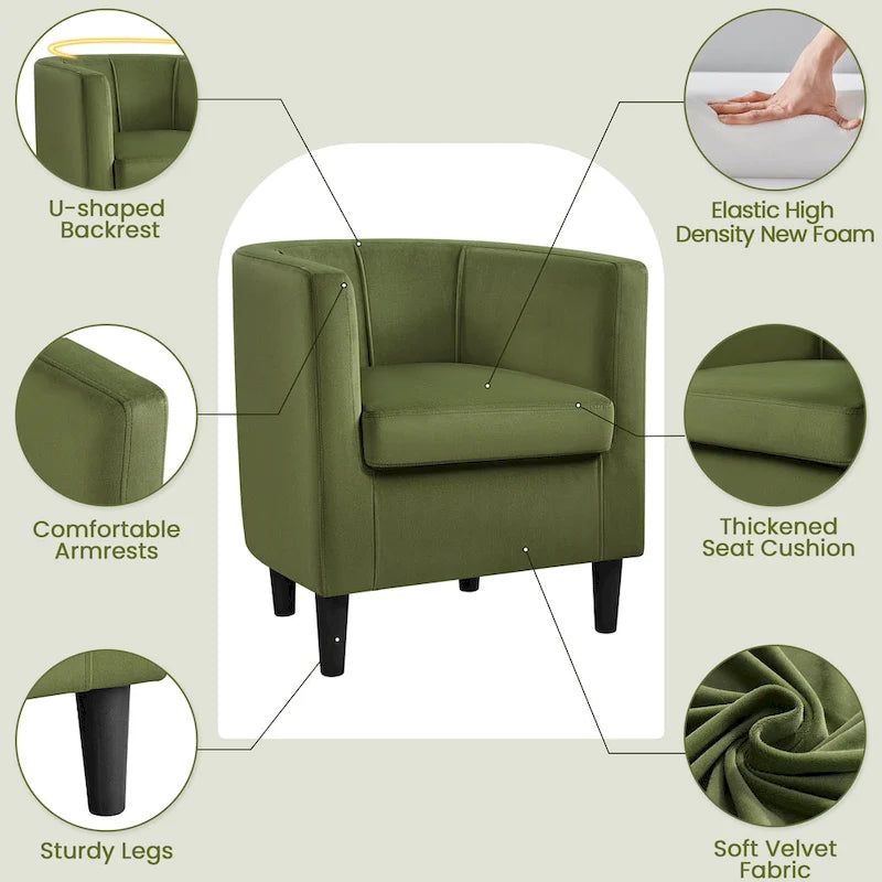 Fauteuil crapaud en velours, une place – Gris / Bleu / Vert olive / Beige