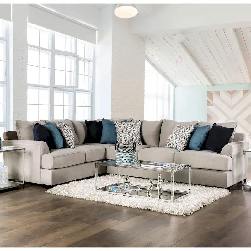 Canapé d'angle en L beige/gris, accoudoirs évasés en chenille, 5 places