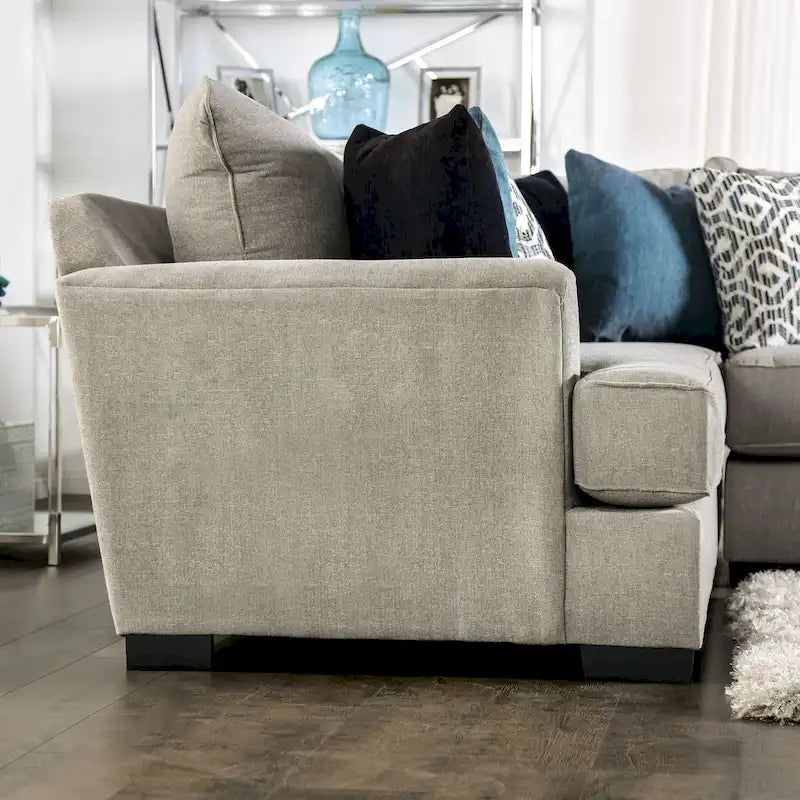 Canapé d'angle en L beige/gris, accoudoirs évasés en chenille, 5 places