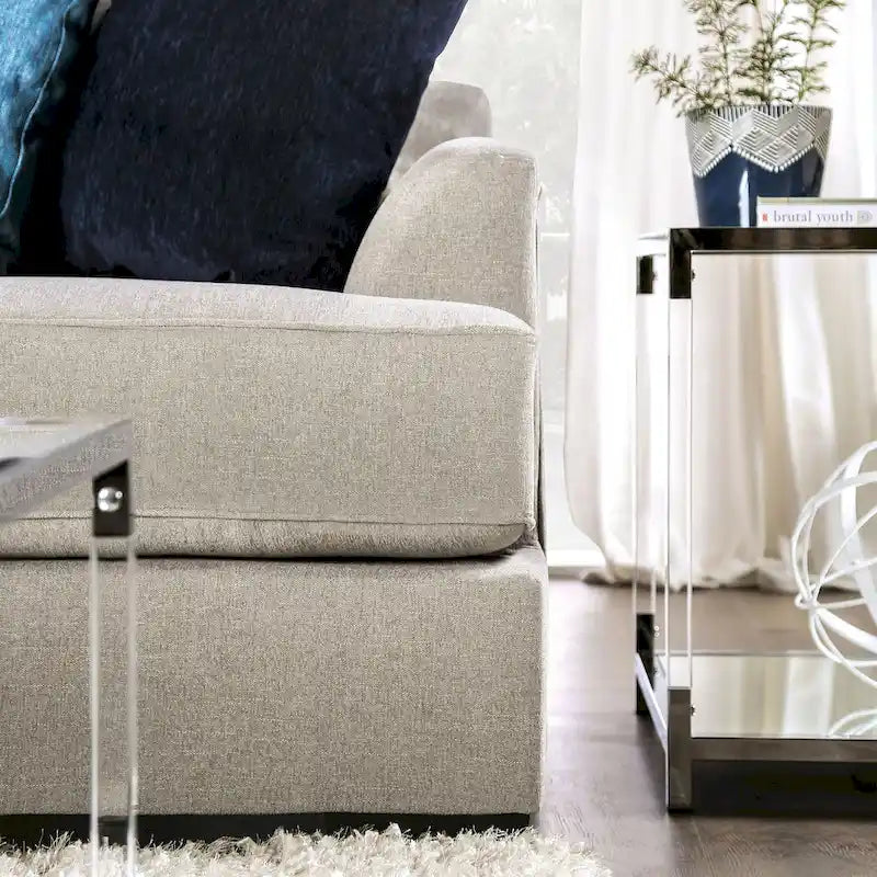 Canapé d'angle en L beige/gris, accoudoirs évasés en chenille, 5 places