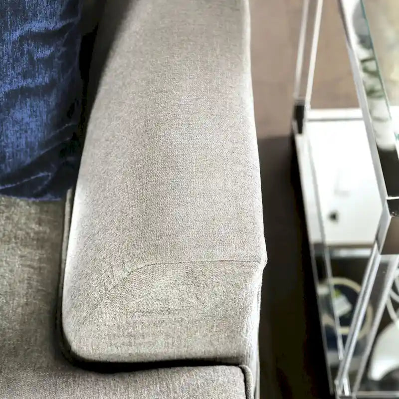 Canapé d'angle en L beige/gris, accoudoirs évasés en chenille, 5 places