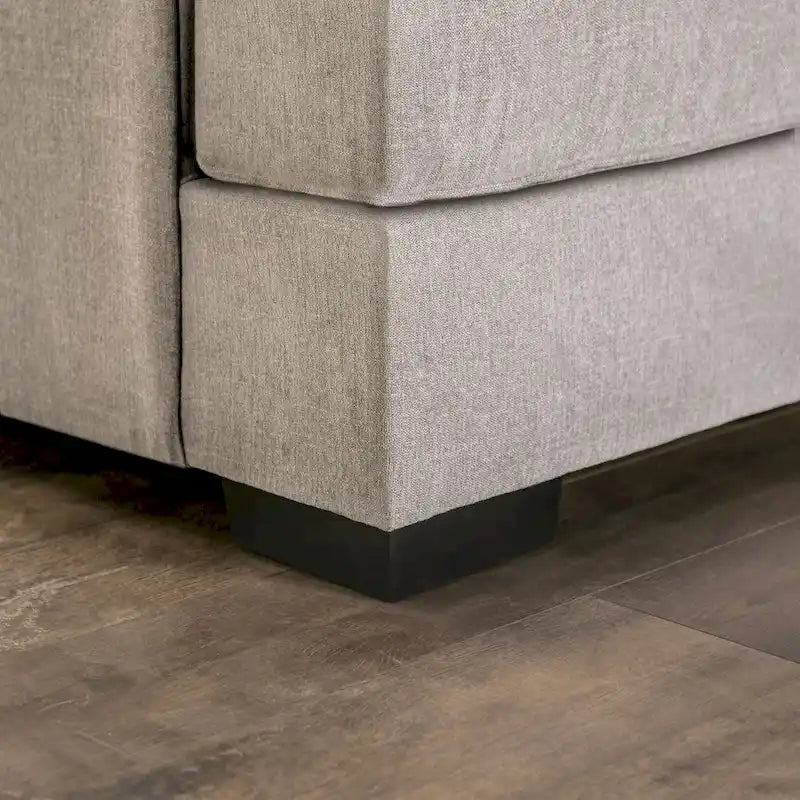 Canapé d'angle en L beige/gris, accoudoirs évasés en chenille, 5 places