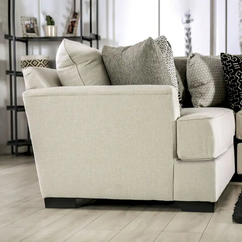 Canapé d'angle en L beige/gris, accoudoirs évasés en chenille, 5 places
