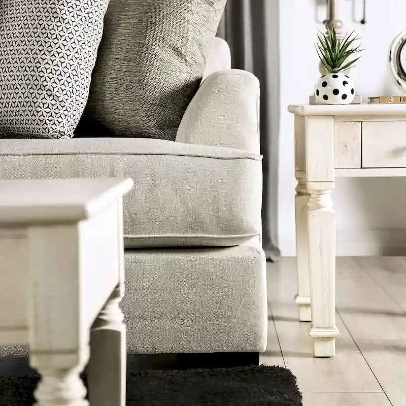 Canapé d'angle en L beige/gris, accoudoirs évasés en chenille, 5 places