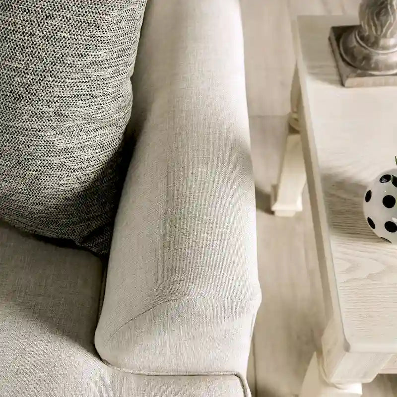 Canapé d'angle en L beige/gris, accoudoirs évasés en chenille, 5 places