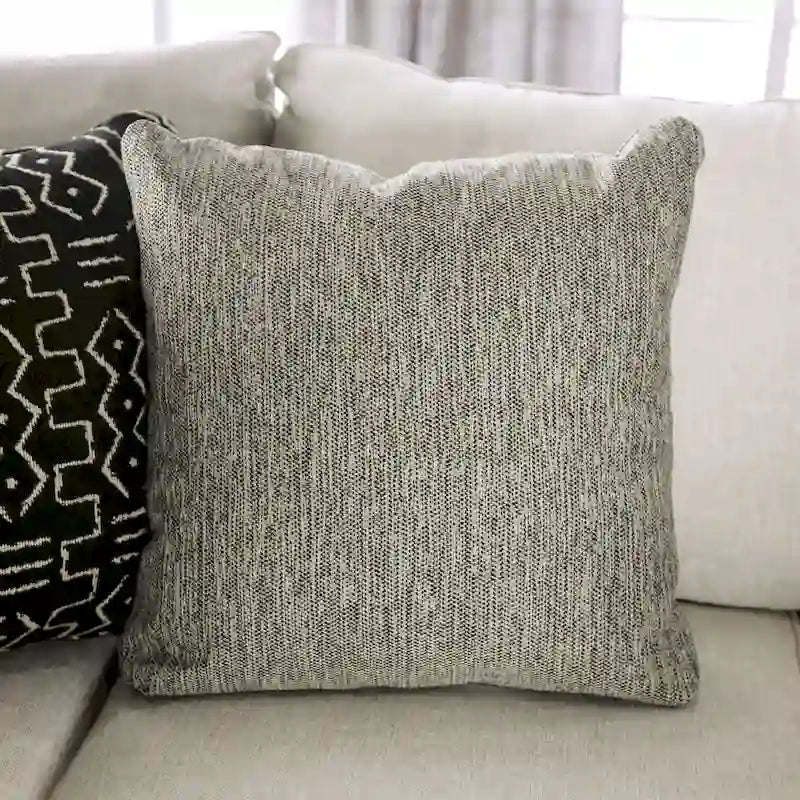 Canapé d'angle en L beige/gris, accoudoirs évasés en chenille, 5 places