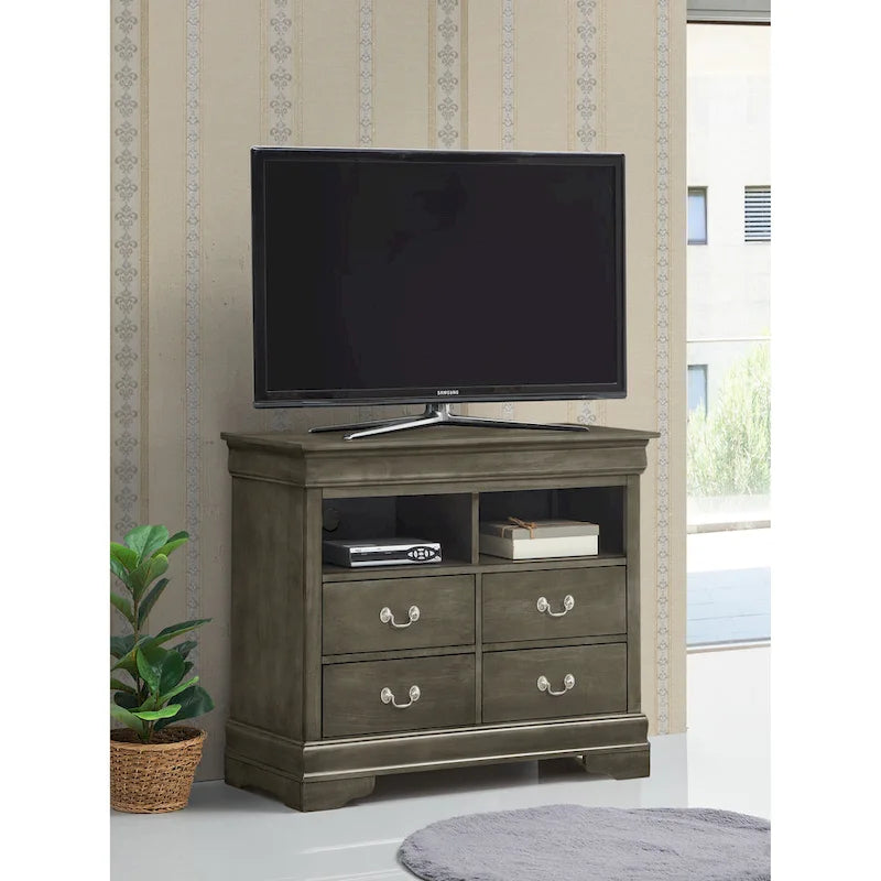 Meuble TV / Commode en bois traditionnel avec 4 tiroirs et 2 étagères – Blanc / Gris / Noir et autres coloris