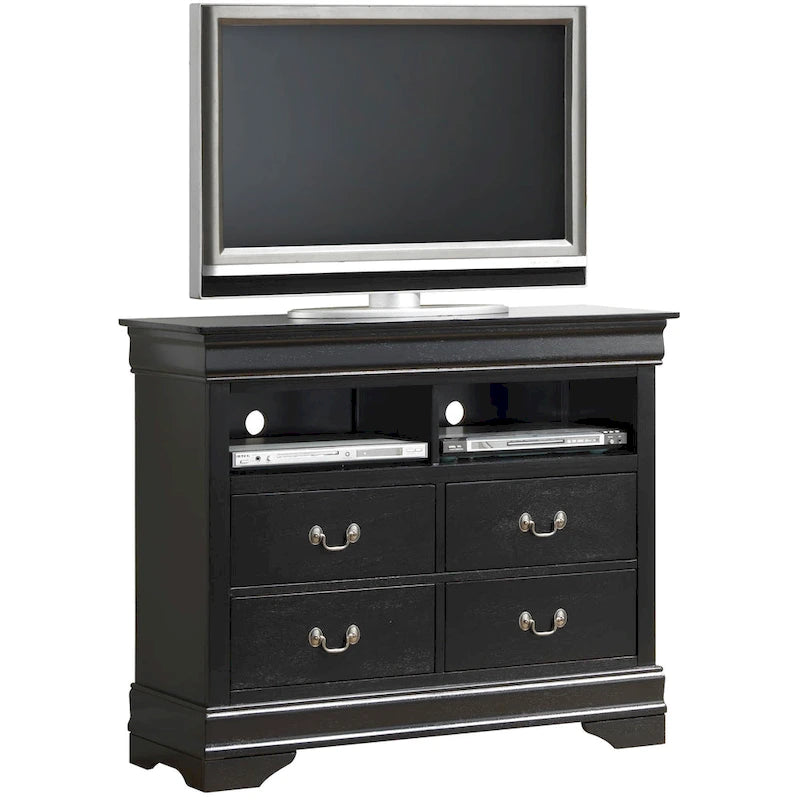 Meuble TV / Commode en bois traditionnel avec 4 tiroirs et 2 étagères – Blanc / Gris / Noir et autres coloris