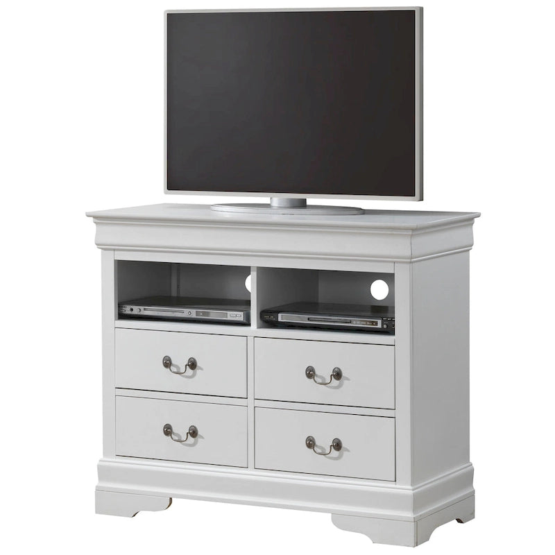 Meuble TV / Commode en bois traditionnel avec 4 tiroirs et 2 étagères – Blanc / Gris / Noir et autres coloris