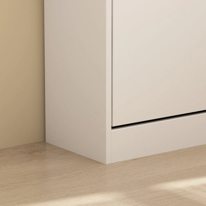 Meuble à chaussures fin rabattable, blanc et marron foncé, 3 compartiments, pour un foyer de 2 personnes