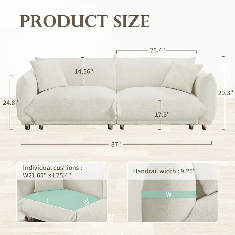 86.5" White Teddy Velvet Cloud Sofa, 2-3 Seater
