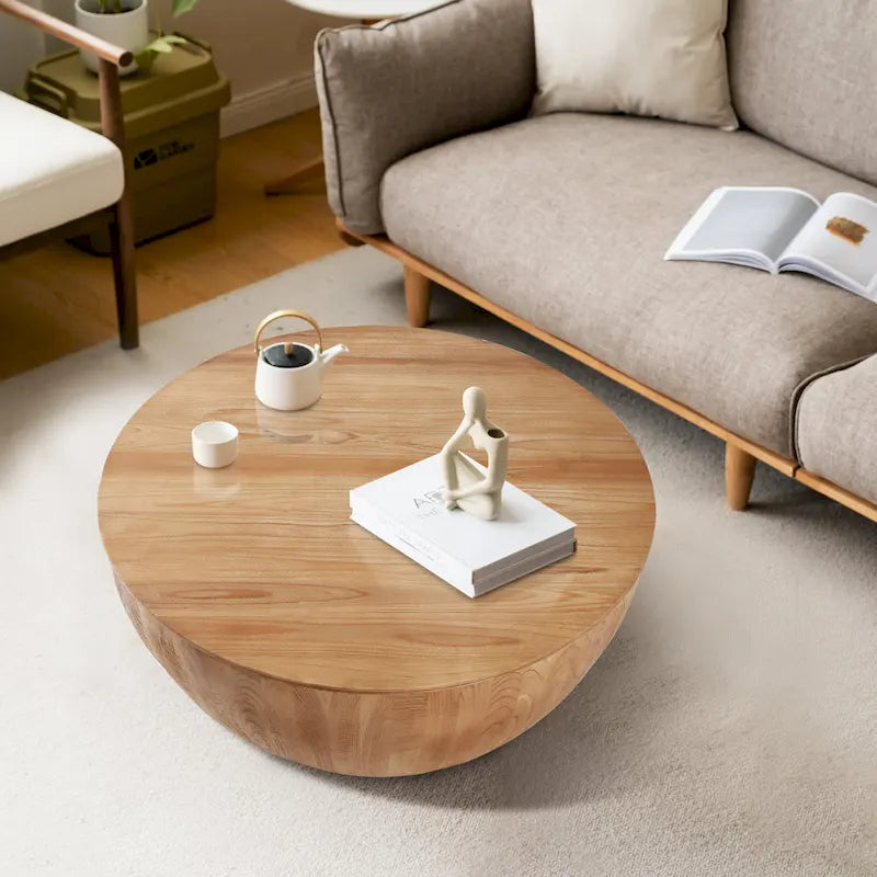 Table basse en forme de tonneau en bois naturel avec rangement, 89,99 cm, 1 personne
