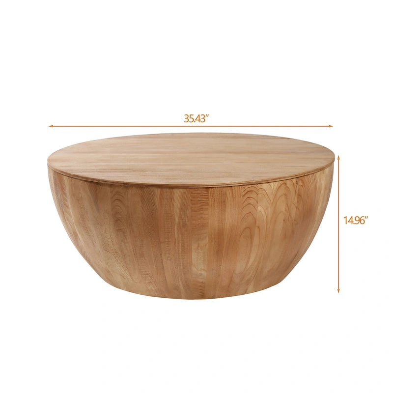 Table basse en forme de tonneau en bois naturel avec rangement, 89,99 cm, 1 personne