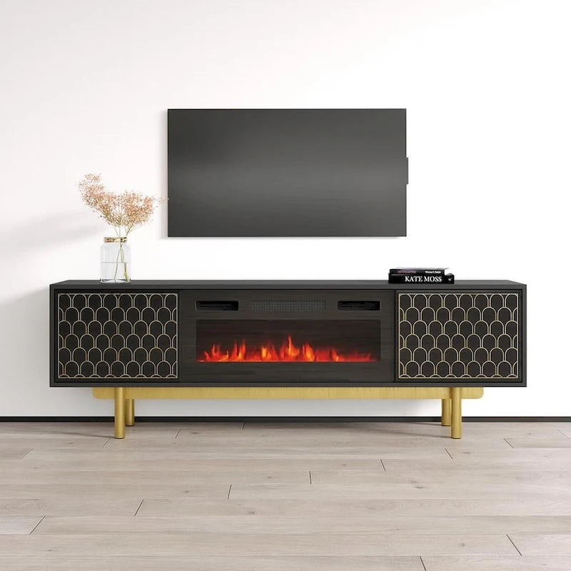 Meuble TV avec cheminée électrique noir/blanc très brillant – Convient aux téléviseurs jusqu'à 80 pouces, assemblage par 2 personnes