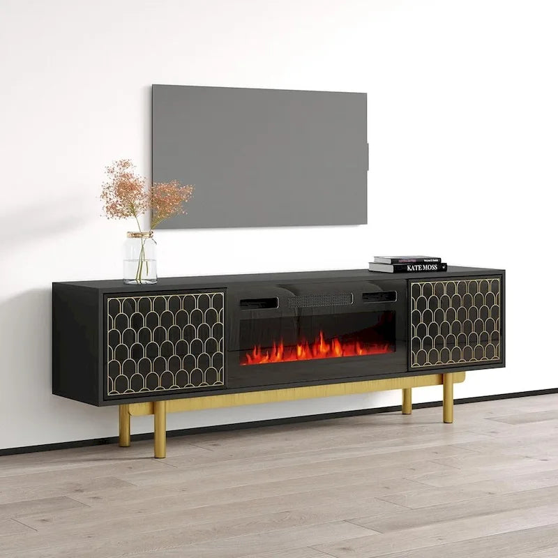 Meuble TV avec cheminée électrique noir/blanc très brillant – Convient aux téléviseurs jusqu'à 80 pouces, assemblage par 2 personnes