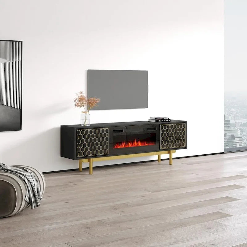 Meuble TV avec cheminée électrique noir/blanc très brillant – Convient aux téléviseurs jusqu'à 80 pouces, assemblage par 2 personnes