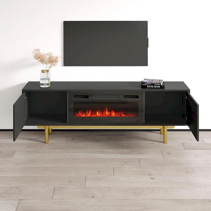 Meuble TV avec cheminée électrique noir/blanc très brillant – Convient aux téléviseurs jusqu'à 80 pouces, assemblage par 2 personnes