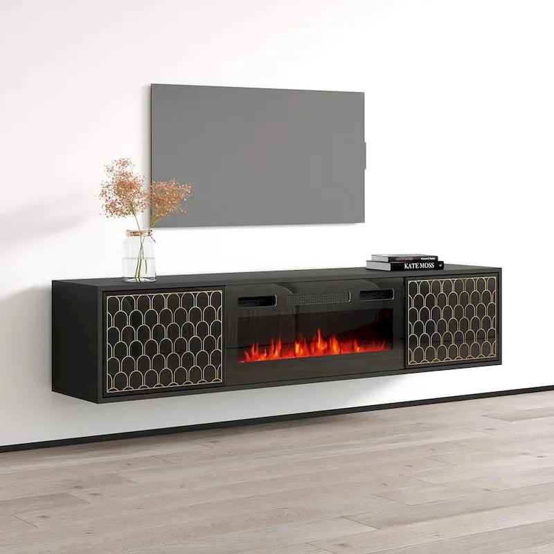 Meuble TV avec cheminée électrique noir/blanc très brillant – Convient aux téléviseurs jusqu'à 80 pouces, assemblage par 2 personnes