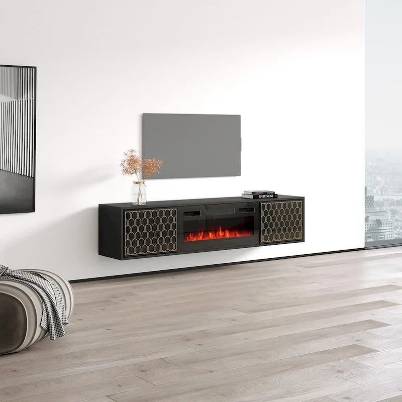 Meuble TV avec cheminée électrique noir/blanc très brillant – Convient aux téléviseurs jusqu'à 80 pouces, assemblage par 2 personnes