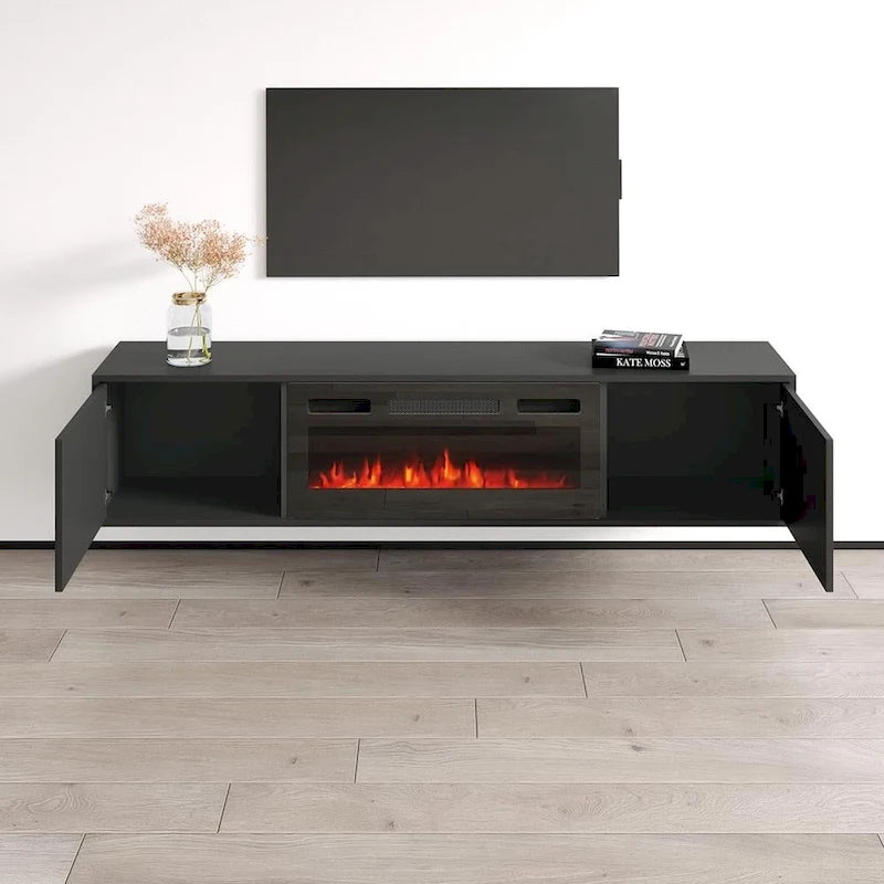 Meuble TV avec cheminée électrique noir/blanc très brillant – Convient aux téléviseurs jusqu'à 80 pouces, assemblage par 2 personnes