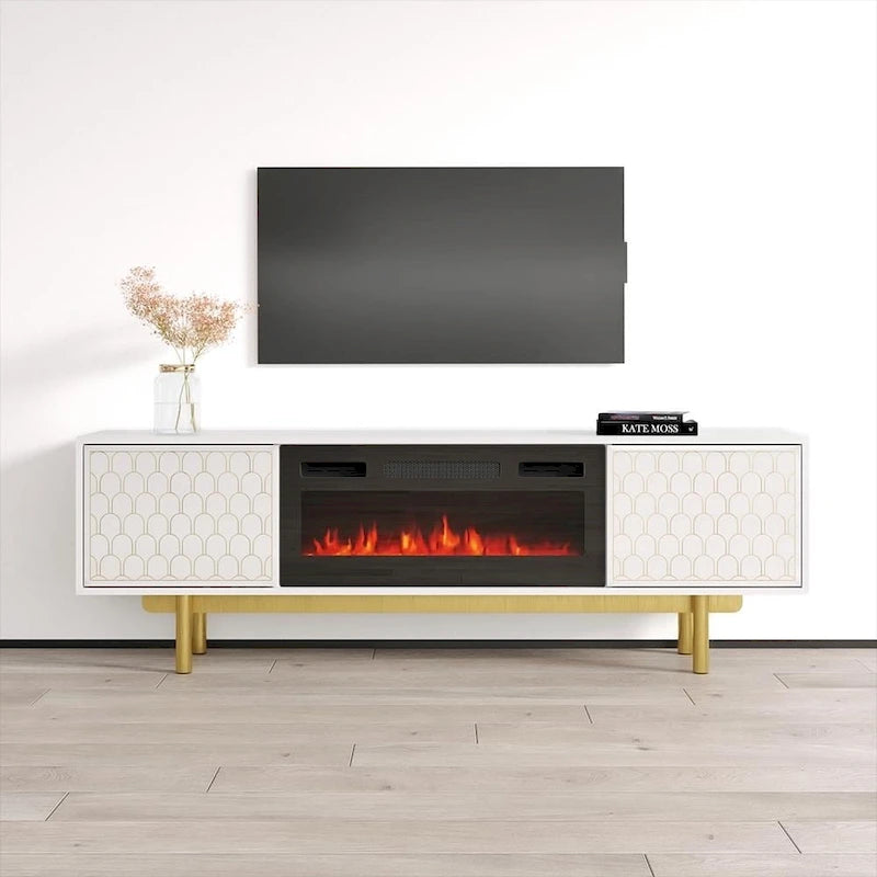 Meuble TV avec cheminée électrique noir/blanc très brillant – Convient aux téléviseurs jusqu'à 80 pouces, assemblage par 2 personnes