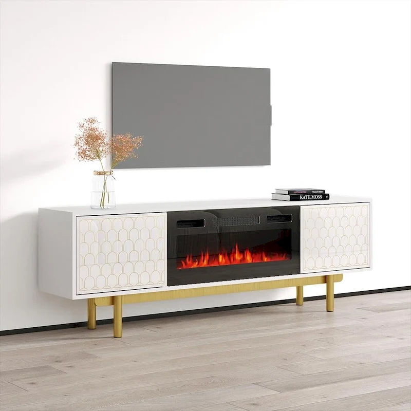 Meuble TV avec cheminée électrique noir/blanc très brillant – Convient aux téléviseurs jusqu'à 80 pouces, assemblage par 2 personnes