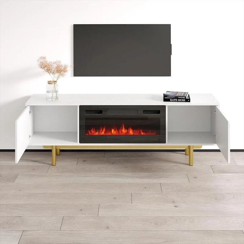Meuble TV avec cheminée électrique noir/blanc très brillant – Convient aux téléviseurs jusqu'à 80 pouces, assemblage par 2 personnes