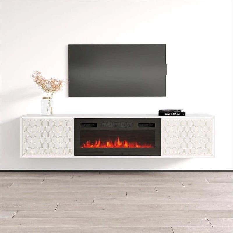 Meuble TV avec cheminée électrique noir/blanc très brillant – Convient aux téléviseurs jusqu'à 80 pouces, assemblage par 2 personnes