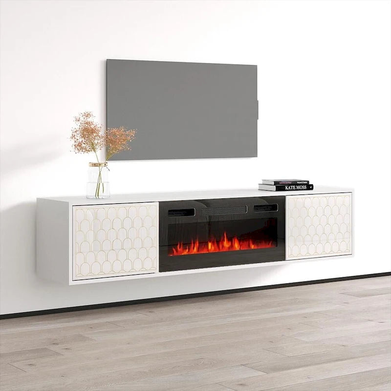 Meuble TV avec cheminée électrique noir/blanc très brillant – Convient aux téléviseurs jusqu'à 80 pouces, assemblage par 2 personnes