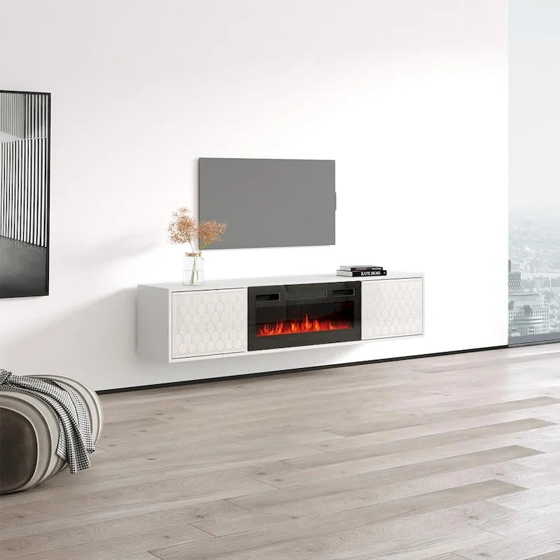 Meuble TV avec cheminée électrique noir/blanc très brillant – Convient aux téléviseurs jusqu'à 80 pouces, assemblage par 2 personnes