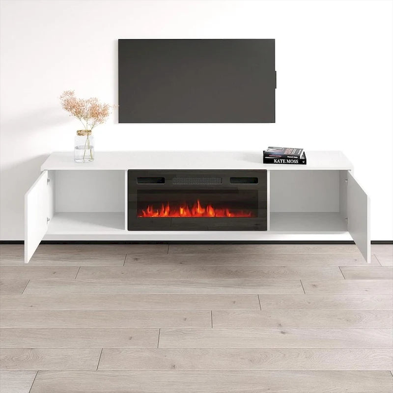 Meuble TV avec cheminée électrique noir/blanc très brillant – Convient aux téléviseurs jusqu'à 80 pouces, assemblage par 2 personnes