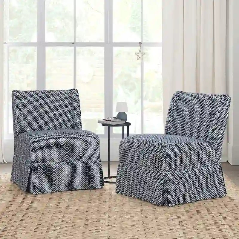Chaise d'appoint sans accoudoirs rembourrée en damas géométrique / turquoise / noir avec housse lavable, lot de 2