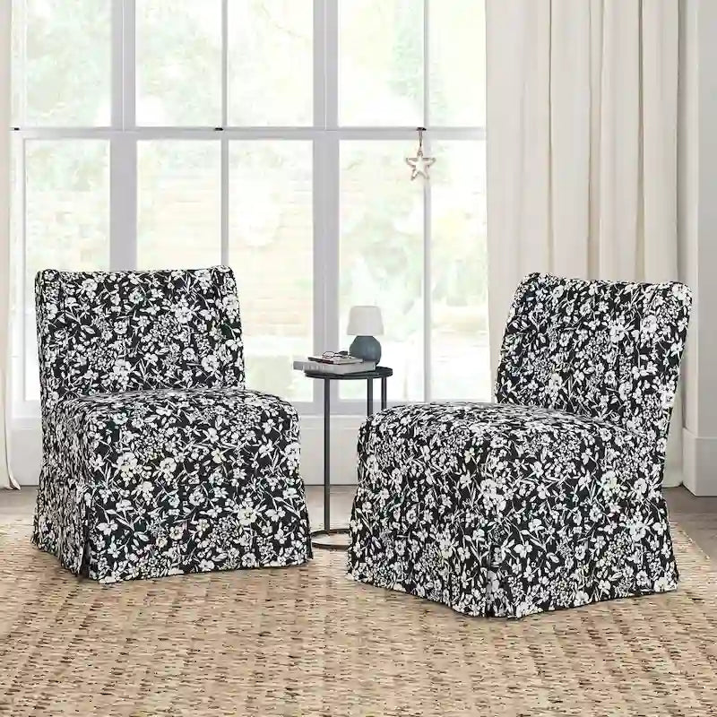 Chaise d'appoint sans accoudoirs rembourrée en damas géométrique / turquoise / noir avec housse lavable, lot de 2