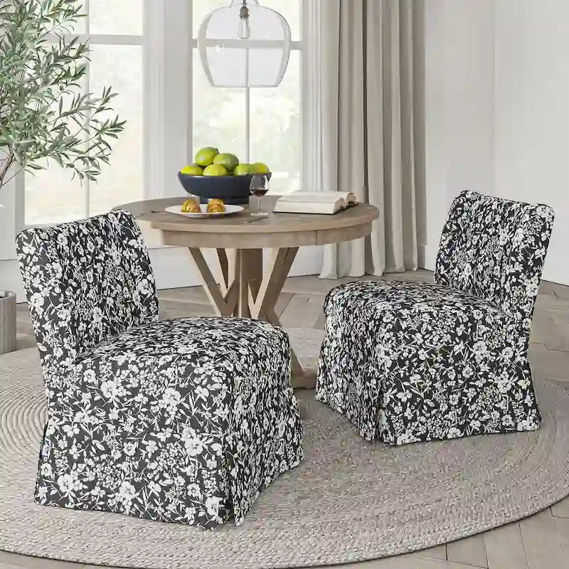 Chaise d'appoint sans accoudoirs rembourrée en damas géométrique / turquoise / noir avec housse lavable, lot de 2