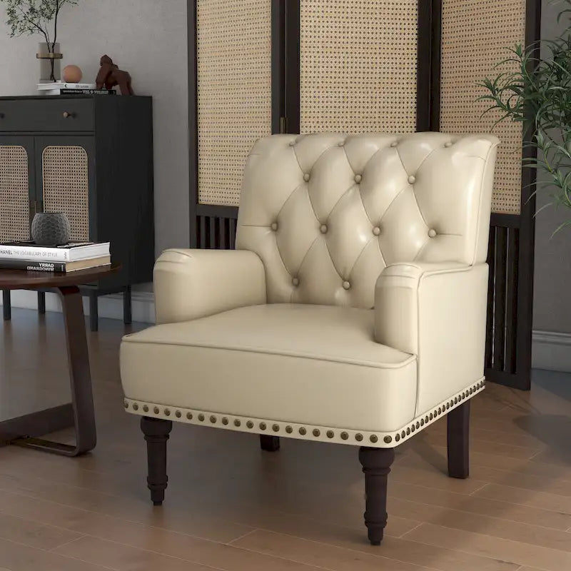 Fauteuil d'appoint en similicuir, fauteuil capitonné avec clous décoratifs, individuel, beige / marron / noir
