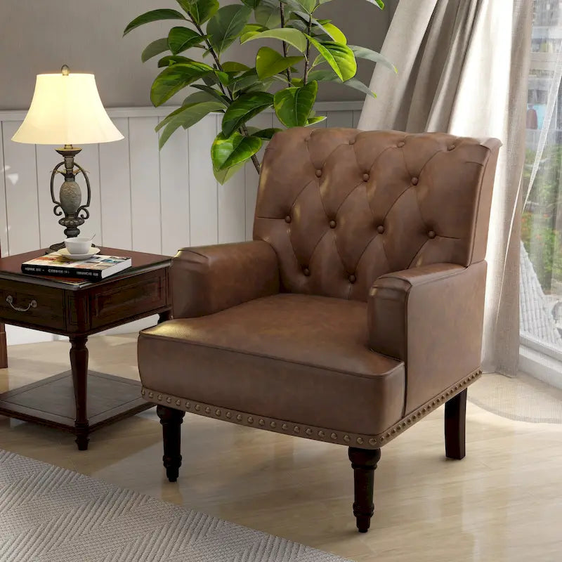 Fauteuil d'appoint en similicuir, fauteuil capitonné avec clous décoratifs, individuel, beige / marron / noir