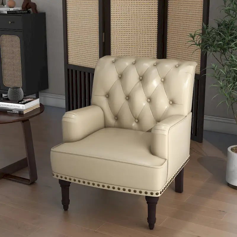 Fauteuil d'appoint en similicuir, fauteuil capitonné avec clous décoratifs, individuel, beige / marron / noir