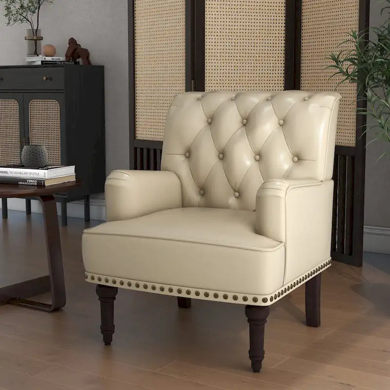 Fauteuil d'appoint en similicuir, fauteuil capitonné avec clous décoratifs, individuel, beige / marron / noir