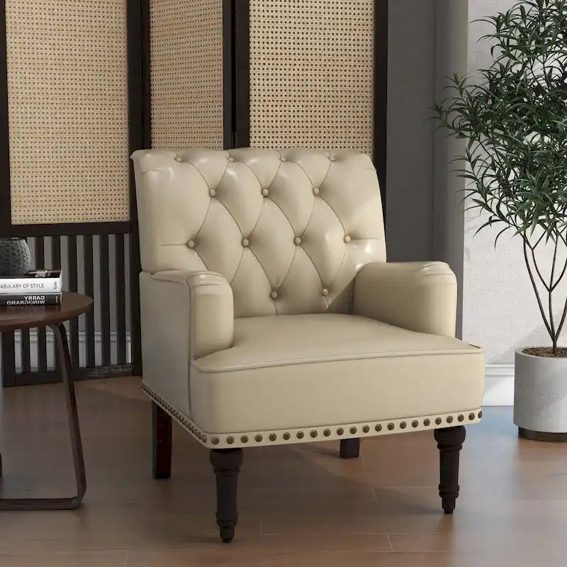 Fauteuil d'appoint en similicuir, fauteuil capitonné avec clous décoratifs, individuel, beige / marron / noir