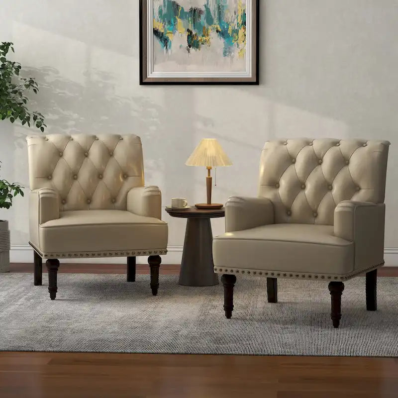 Fauteuil d'appoint en similicuir, fauteuil capitonné avec clous décoratifs, individuel, beige / marron / noir