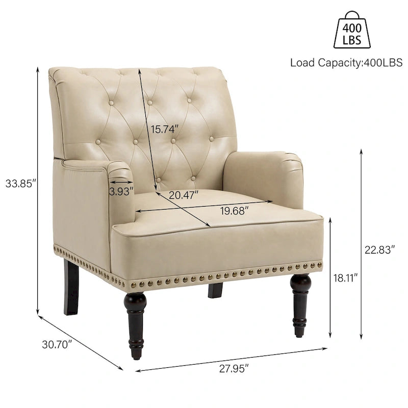 Fauteuil d'appoint en similicuir, fauteuil capitonné avec clous décoratifs, individuel, beige / marron / noir
