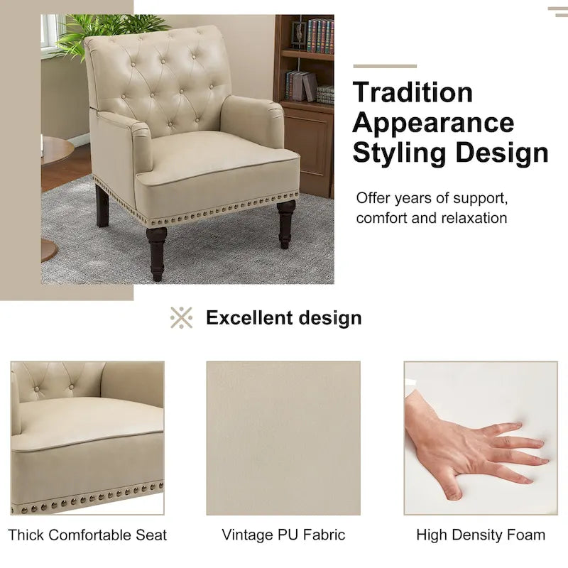 Fauteuil d'appoint en similicuir, fauteuil capitonné avec clous décoratifs, individuel, beige / marron / noir