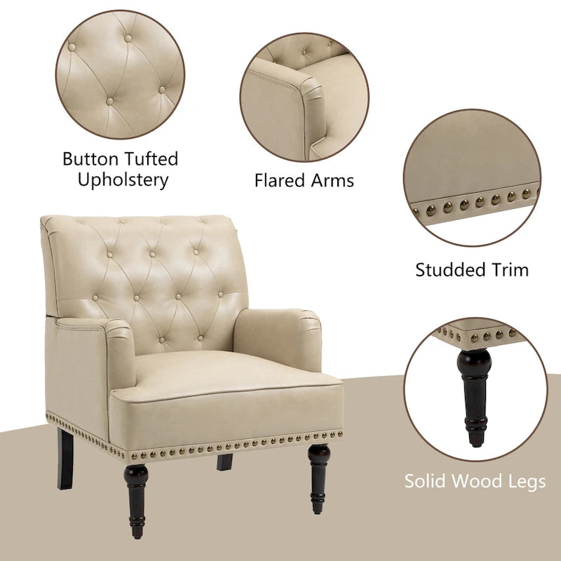Fauteuil d'appoint en similicuir, fauteuil capitonné avec clous décoratifs, individuel, beige / marron / noir