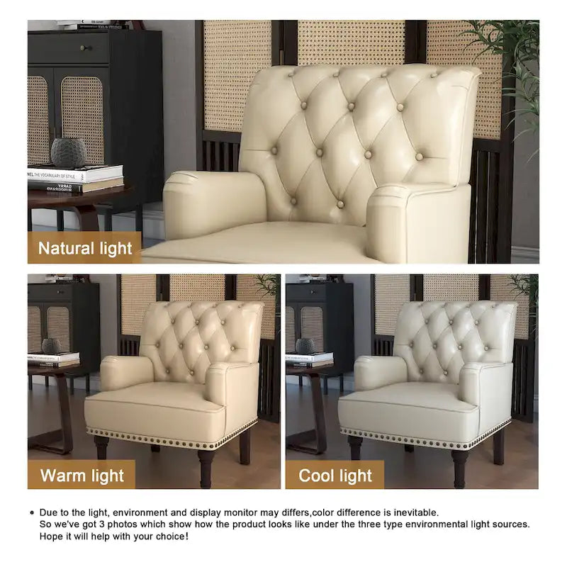 Fauteuil d'appoint en similicuir, fauteuil capitonné avec clous décoratifs, individuel, beige / marron / noir