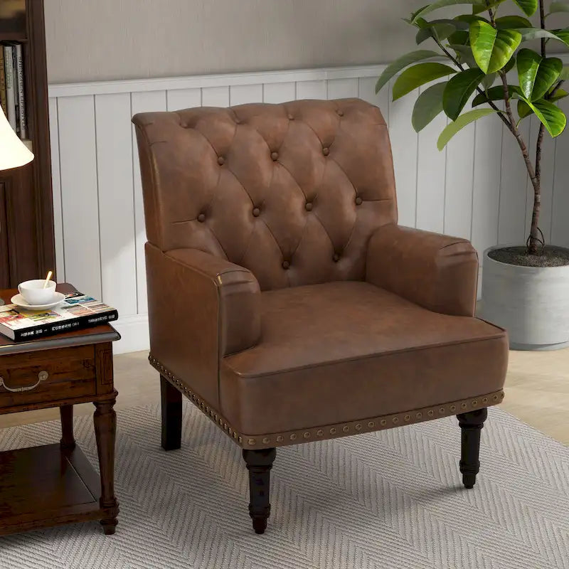 Fauteuil d'appoint en similicuir, fauteuil capitonné avec clous décoratifs, individuel, beige / marron / noir