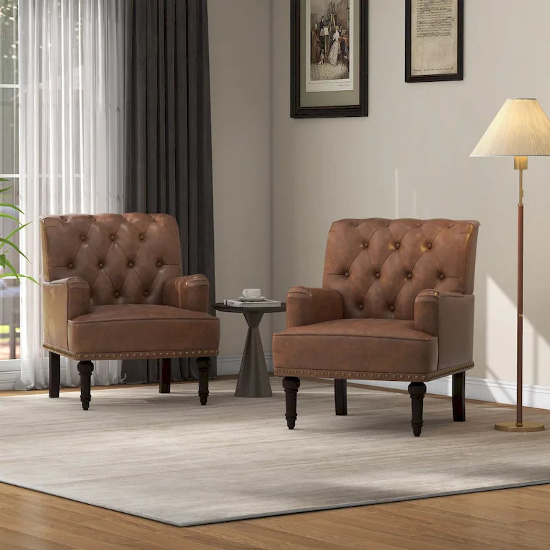 Fauteuil d'appoint en similicuir, fauteuil capitonné avec clous décoratifs, individuel, beige / marron / noir