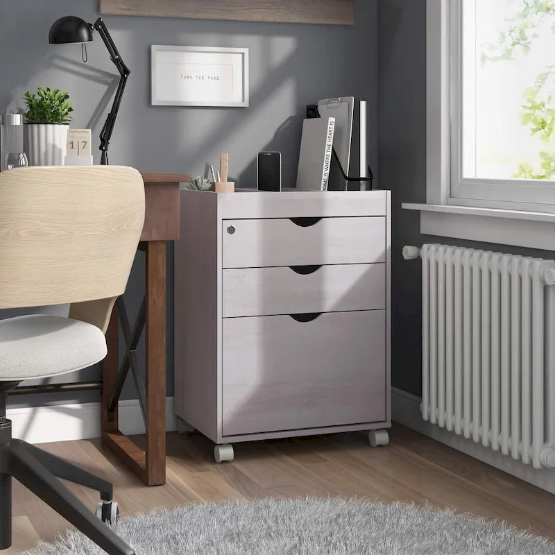 Caisson de classement mobile contemporain à 3 tiroirs rouge cacao/chêne blanc – 1 personne
