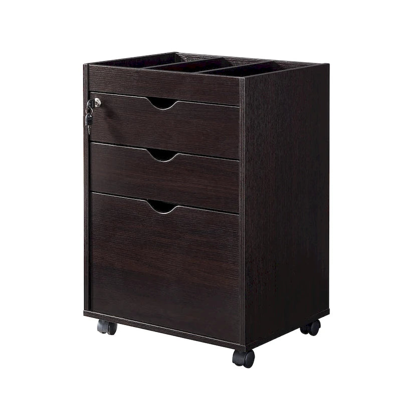 Caisson de classement mobile contemporain à 3 tiroirs rouge cacao/chêne blanc – 1 personne